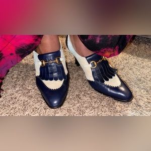 GUCCI Suede mid-heel pump with Double G hardware detail on fold over fringe 41